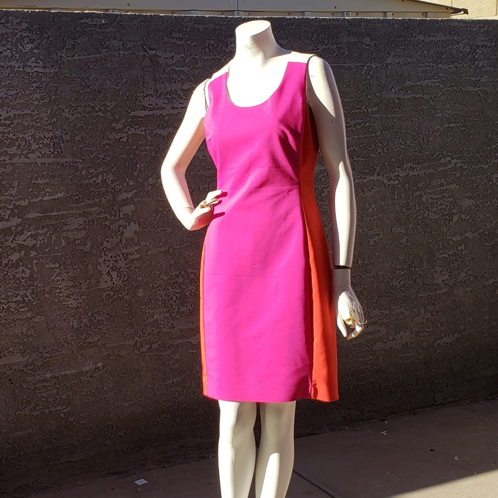 Belle Badgely Mischka Sheath Dress Color Block Pink Orange Career Party